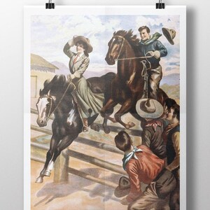 May include: A vintage illustration of a group of people on horseback, with two riders jumping over a fence. The riders are wearing cowboy hats and traditional clothing. The horses are brown and black, and the scene is set in a rural landscape.