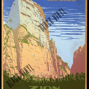 K&ouml;nnte beinhalten: Ein Vintage-Reiseposter, das den Zion National Park bewirbt. Das Poster zeigt eine dramatische Ansicht einer hoch aufragenden Sandsteinklippe mit blauem Himmel und Wolken im Hintergrund. Der Text auf dem Poster lautet "Ranger Naturalist Service", "Zion National Park", "U.S. Department of the Interior" und "National Park Service".