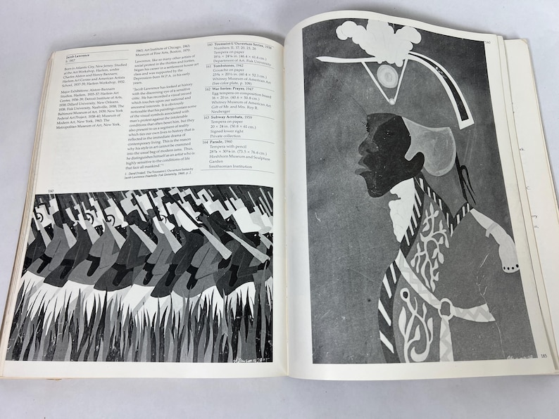 May include: An open art book displaying two pages of black and white illustrations. The left page shows a repeating pattern of figures in motion, while the right page features a profile portrait of a person wearing a decorative military-style hat.