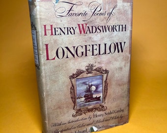 May include: A vintage book cover with a gold and brown design. The title is "Favorite Poems of Henry Wadsworth Longfellow". The cover features an illustration of a ship sailing on the water.