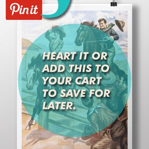 May include: Vintage illustration of two people riding horses. The image is in a muted color palette with a brown background. The text "HEART IT OR ADD THIS TO YOUR CART TO SAVE FOR LATER." is superimposed on the image.