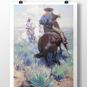May include: Two cowboys on horseback riding through a field of blue and green brush. The cowboy in the foreground is wearing a blue shirt and a red bandana. The cowboy in the background is wearing a white shirt and a brown hat. The horses are both brown and white.