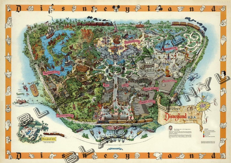vintage disneyland map large poster print large disney etsy