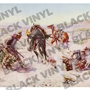May include: A vintage illustration of a cowboy on horseback, riding through a dusty desert landscape. The cowboy is wearing a hat and a long coat, and he is holding a rifle. In the background, there is a mountain range and a small town.