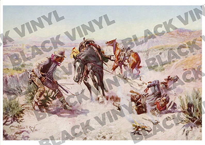 May include: A vintage illustration of a cowboy on horseback, riding through a dusty desert landscape. The cowboy is wearing a hat and a long coat, and he is holding a rifle. In the background, there is a mountain range and a small town.
