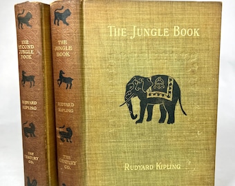 RARE 1908 Antique Book Lot The Jungle Book and The Second Jungle Book by Rudyard Kipling Antique Literature Fiction Illustrated Books 1900s