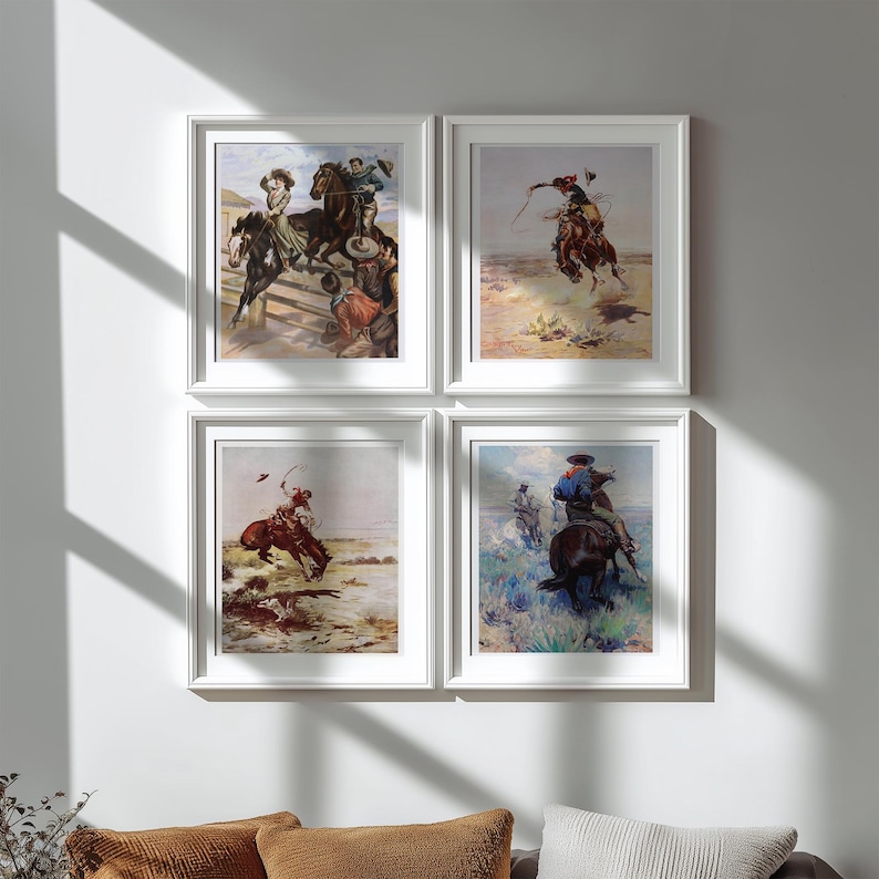 May include: Four framed vintage illustrations of cowboys riding horses in various poses. The illustrations are in a rustic style with muted colors and a vintage feel.