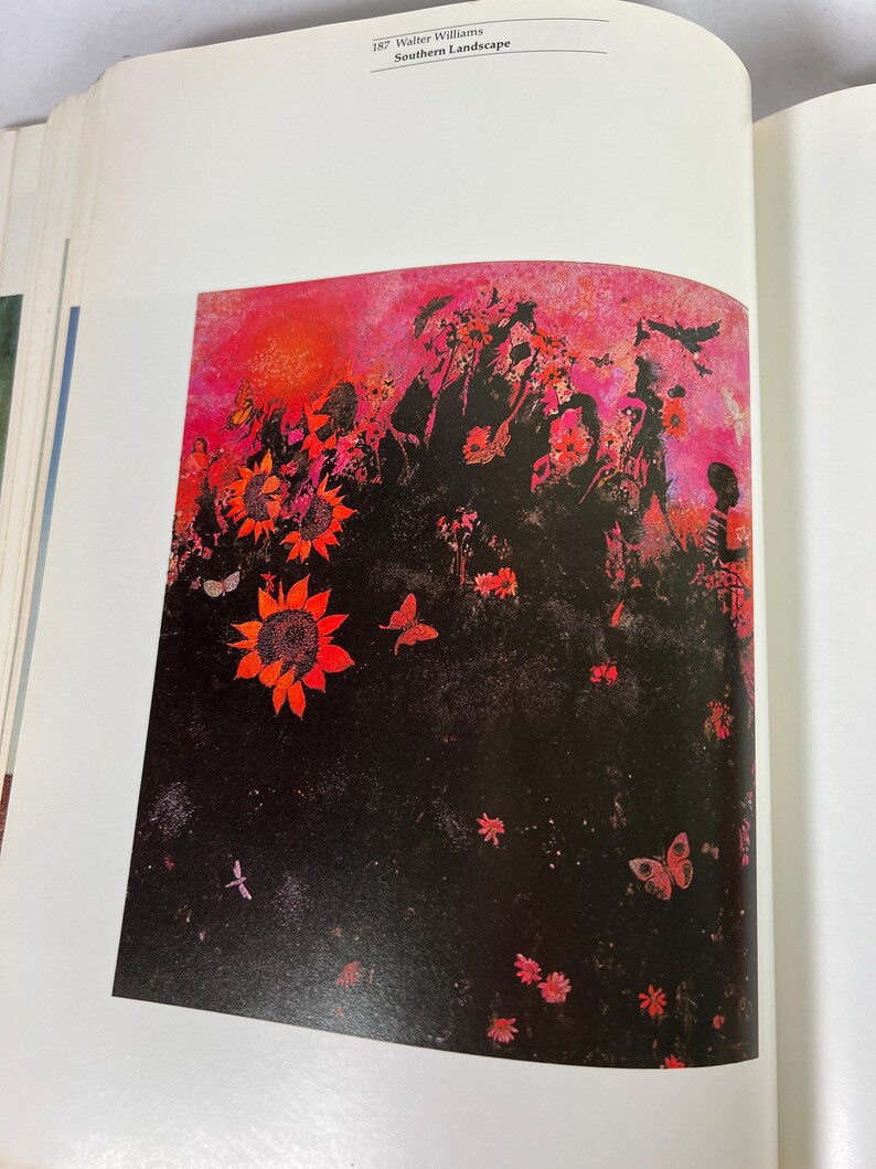 May include: A book page featuring the artwork 187 Walter Williams Southern Landscape. The print displays a vibrant pink and red sky above a dark, black foreground filled with bright orange sunflowers, small red flowers, and butterflies.