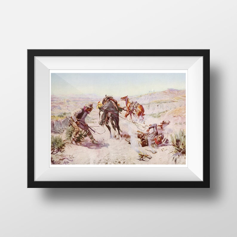 May include: A vintage painting depicting a scene of a cowboy on horseback, with another cowboy on foot, and a third cowboy lying on the ground. The scene is set in a dusty, desert landscape.
