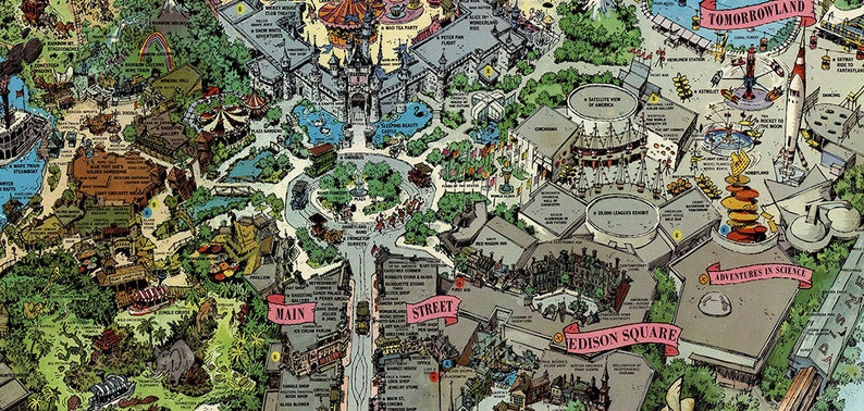 vintage disneyland map large poster print large disney etsy
