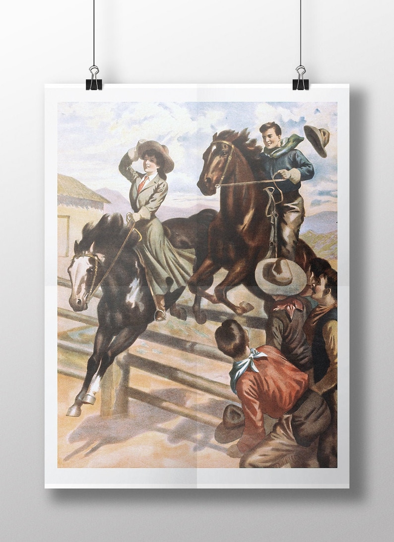 May include: A vintage illustration of a woman and a man riding horses over a fence. The woman is wearing a brown hat and a long dress. The man is wearing a blue shirt and brown pants. The horses are brown and black. The background is a light blue sky with white clouds.