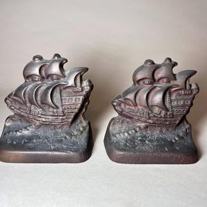 1920s Antique Bookends Cast Iron Vintage Bookends Pair Ship Bookends Heavy Bronze Brass Bookends Book Gift Americana Gothic Decor Nautical