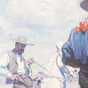 May include: Three cowboys in a Western scene, wearing hats and traditional clothing. The cowboy on the left is holding a rope and looking to the right. The cowboy on the right is wearing a blue shirt and a red bandana. The background is a hazy sky.