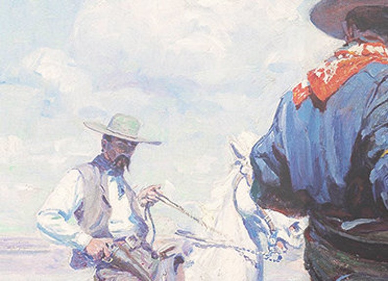May include: Three cowboys in a Western scene, wearing hats and traditional clothing. The cowboy on the left is holding a rope and looking to the right. The cowboy on the right is wearing a blue shirt and a red bandana. The background is a hazy sky.