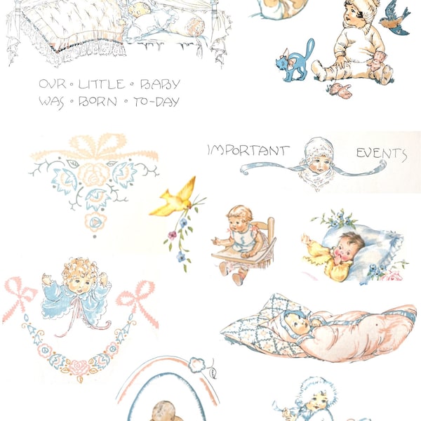 1930s Vintage Baby Illustrations for Scrapbook, New Baby Graphics, Birth Announcement Graphic