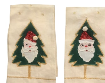 Two Handmade felt and sequined Santa and Christmas tree hand towels