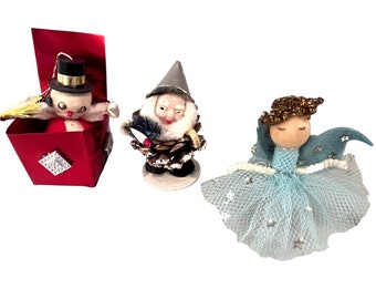 Spun Cotton Christmas Elf, Angel and Snowman Ornaments from the 1950s