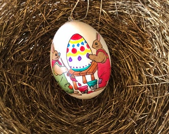 Hand Painted Easter Egg with Rabbits, Easter Egg Tree, Vintage Easter Decor