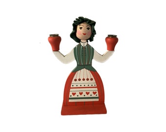 Vintage Hand-Painted Swedish Folk Art Woman Christmas Candleholder for Two Candles