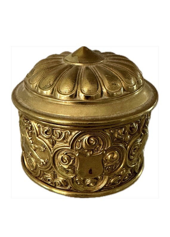 Round Brass Repousse Box with Shield Accent