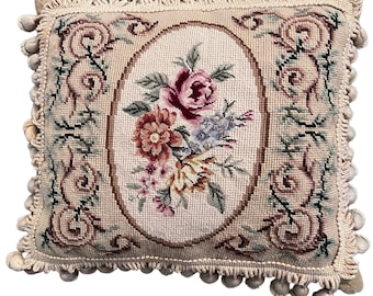 Aubusson Needlepoint Pillow, Floral Backed in Velvet