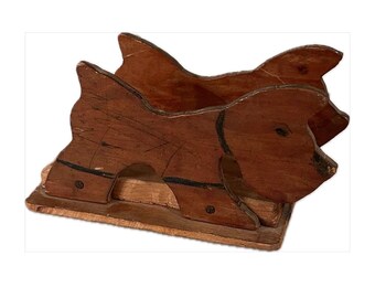 Vintage folk art Scottie dog napkin holder, handmade wood carved terrier decor, rustic cottage kitchen gift