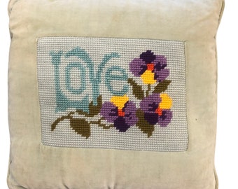 Pale Blue Gray Velvet Needlepoint Pillow with Love and pansies
