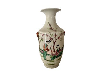 Antique Chinese Famille Rose Vase, Republic Period Garden Courtship Scene, Lion Mask Handles, Red Seal Mark