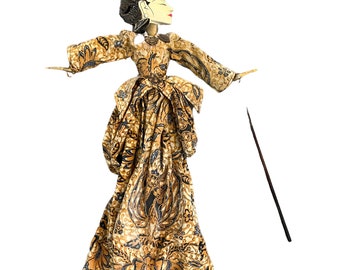 Vintage Indonesian Shadow Puppet in Gold Batik Dress