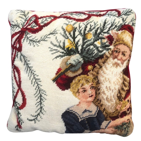 Vintage Santa Needlepoint Pillow with Red Velvet