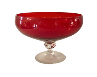 Handblown Red Art Glass Pedestal Bowl, Vintage Red Art Glass Compote