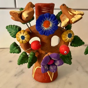 Mexican Tree of Life Pottery Folk Art Candle Holders image 2