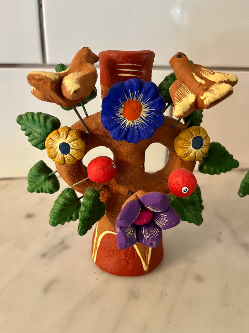 Mexican Tree of Life Pottery Folk Art Candle Holders image 2