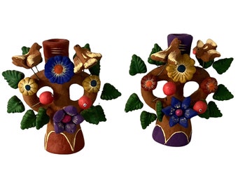 Mexican Tree of Life Pottery Folk Art Candle Holders