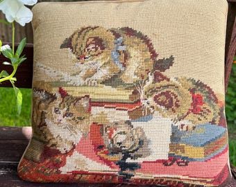 Vintage Needlepoint Pillow Featuring Cats, Books and Teacup