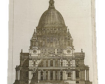 Peut inclure: Une gravure en noir et blanc de la cathédrale Saint-Paul à Londres, en Angleterre. La gravure montre la façade avant de la cathédrale, y compris le dôme et les deux tours.