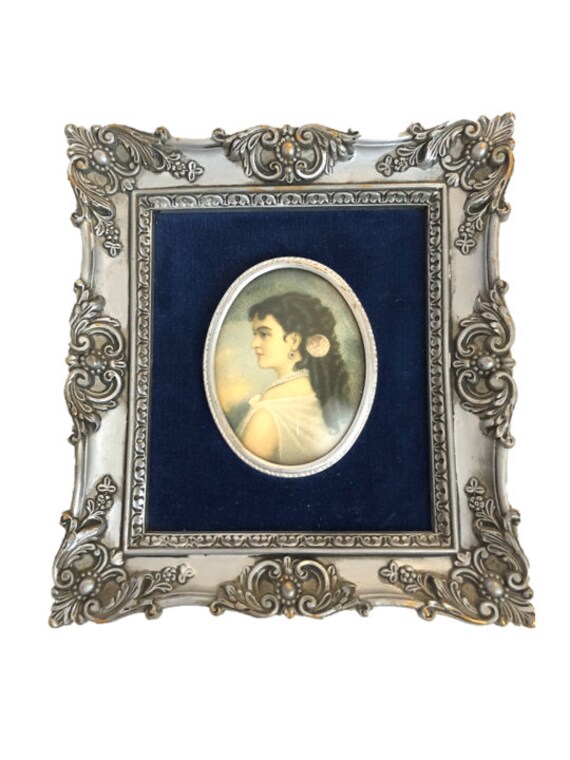 Miniature Portrait in Ornate Silver Frame with Blue Velvet