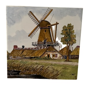 Vintage Delft Tile with Dutch Windmill, Old Delft Tile Landscape Scene