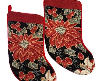 Pair of Needlepoint Christmas stockings | Poinsettia Holiday Decor