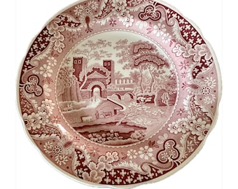 Vintage Spode Castle Cranberry and White Transferware Dinner Plate