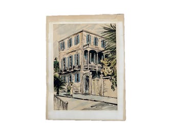Original Architectural Watercolor Charleston Style House Vintage Framed Artwork