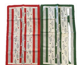 Pair Christmas Red Green Linen Hand Towels | Holly and Bells Design