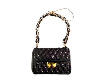 Vintage Chanel Black Quilted  Purse Style Glass Handbag Ornament Neiman Marcus Estate