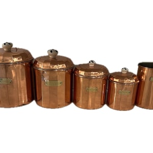 Vintage Copper Kitchen Canister Set With Blue And White Ceramic Knobs Taiwan Flour Sugar Coffee Tea Utensil Holder