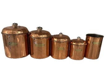Vintage Copper Kitchen Canister Set With Blue And White Ceramic Knobs Taiwan Flour Sugar Coffee Tea Utensil Holder