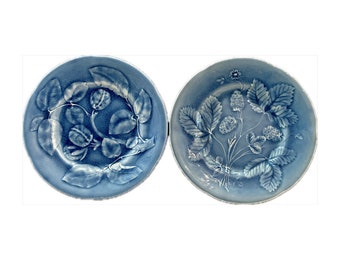 Pair of 1900s Blue Majolica Fruit Plates by H B Choisy Le Roi