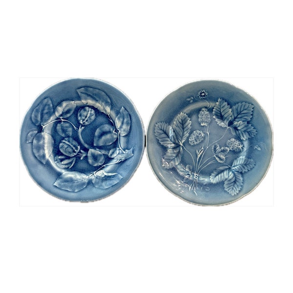 Pair of 1900s Blue Majolica Fruit Plates by H B Choisy Le Roi