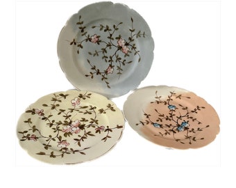 Antique Porcelain Dessert Plates, Pastel Floral Set of Three