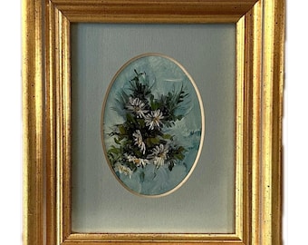 Vintage Daisy Artwork with Gold Frame  Blue White Cottage Style