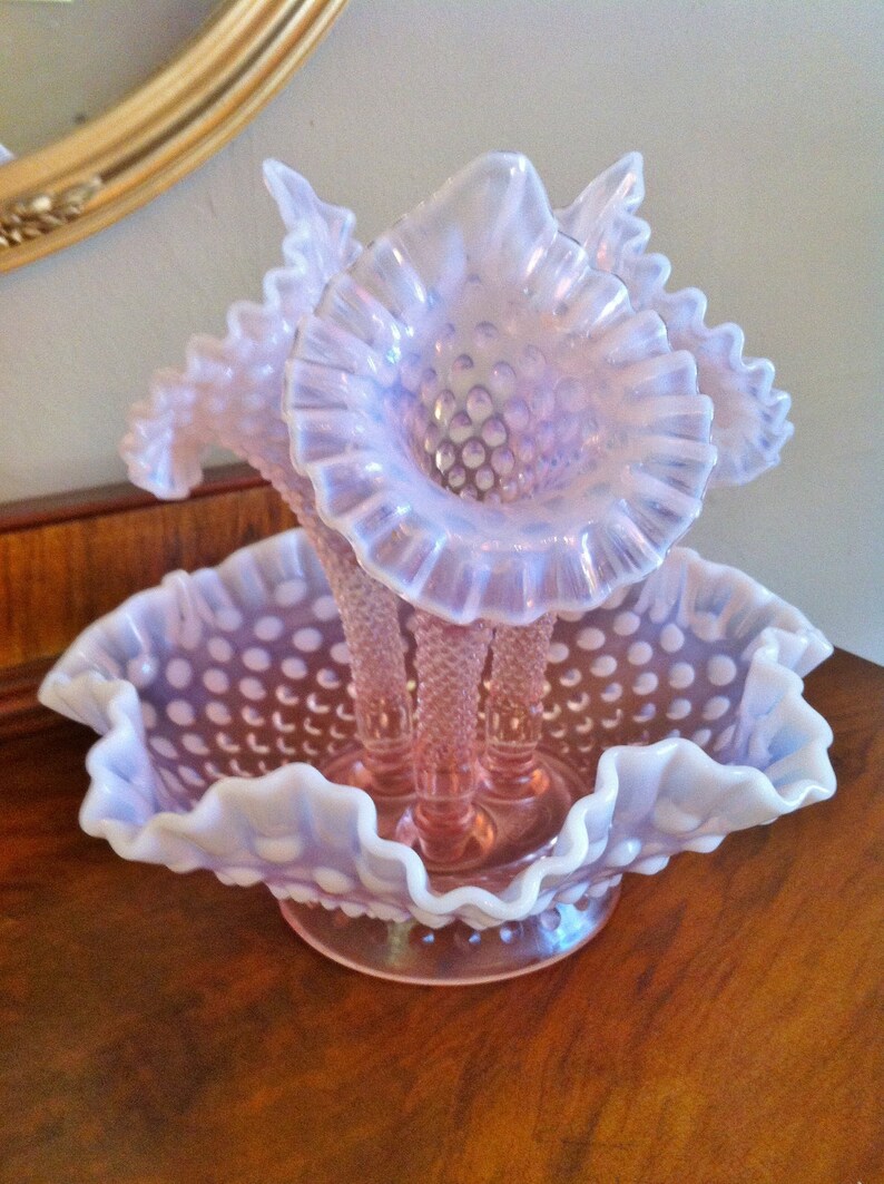 Vintage Fenton Pink Opalescent Hobnail Epergne Bowl with Three Etsy